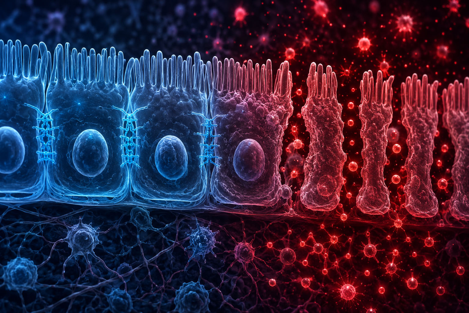 Graphique conceptuel de cellules intestinales serrées se dégradant sous l'effet du stress de l'effort