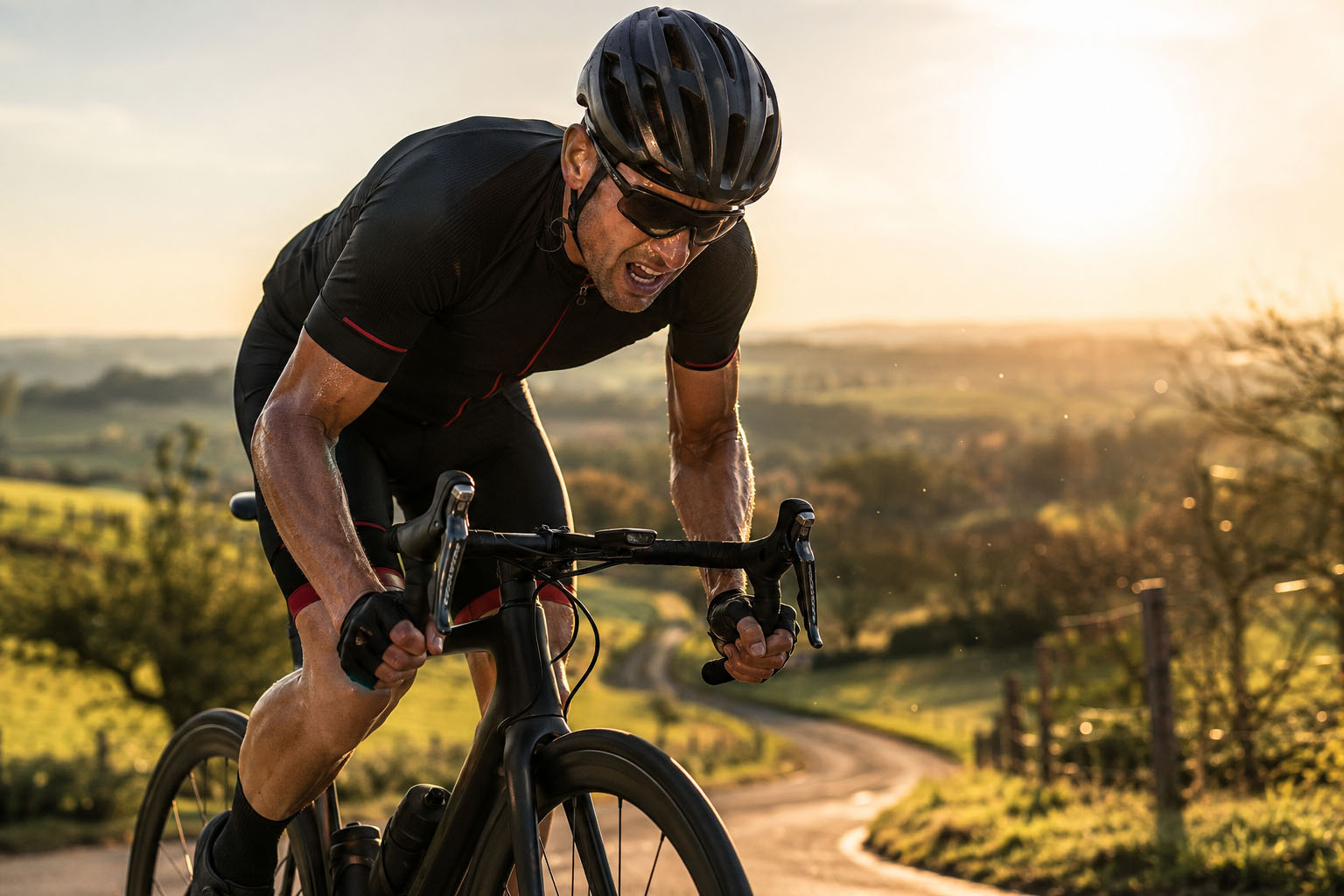 Cycliste sur route en plein effort en bosse au lever du soleil