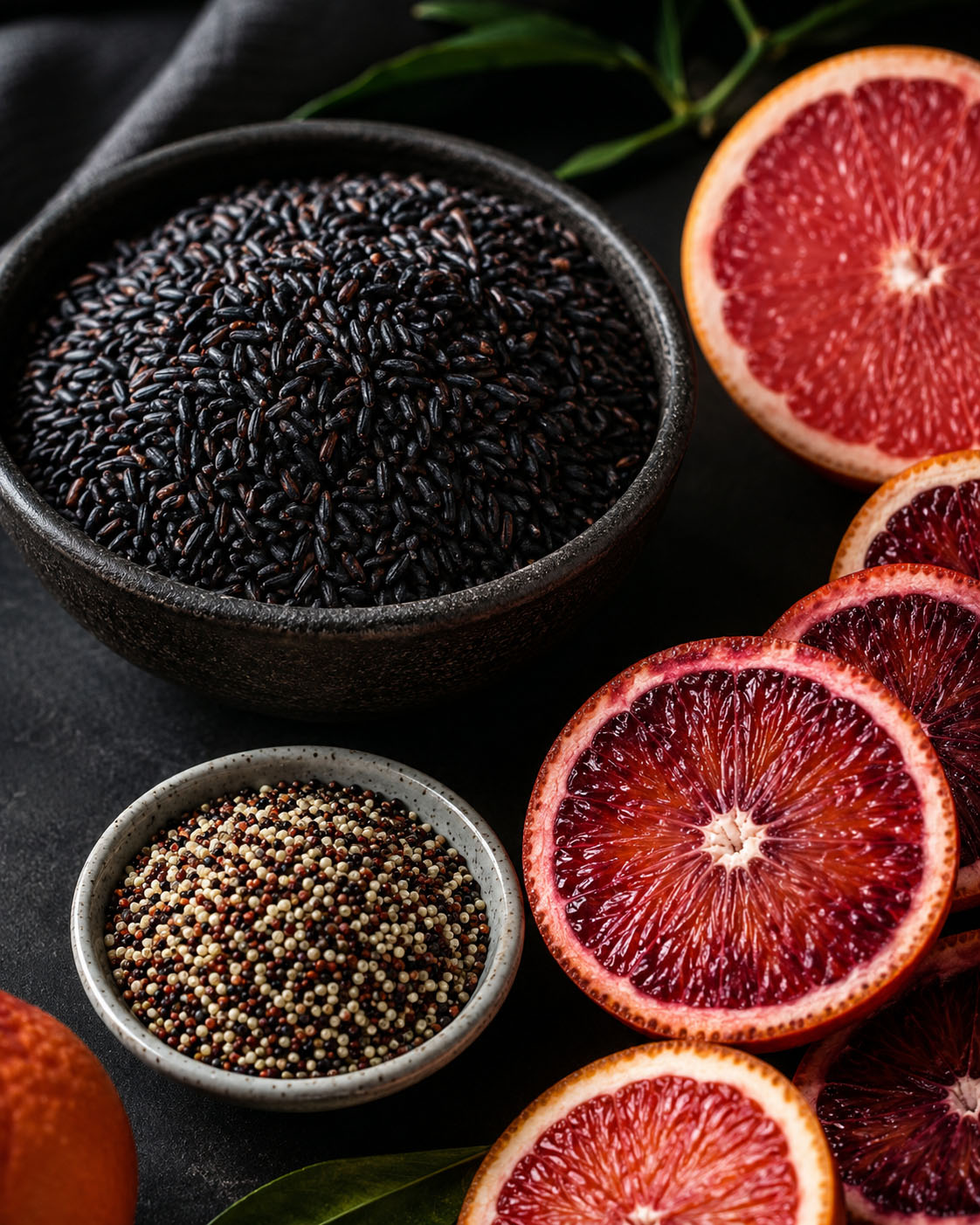 Plan serré sur des aliments glucidiques propres pour cyclistes comme le riz noir, quinoa et agrumes