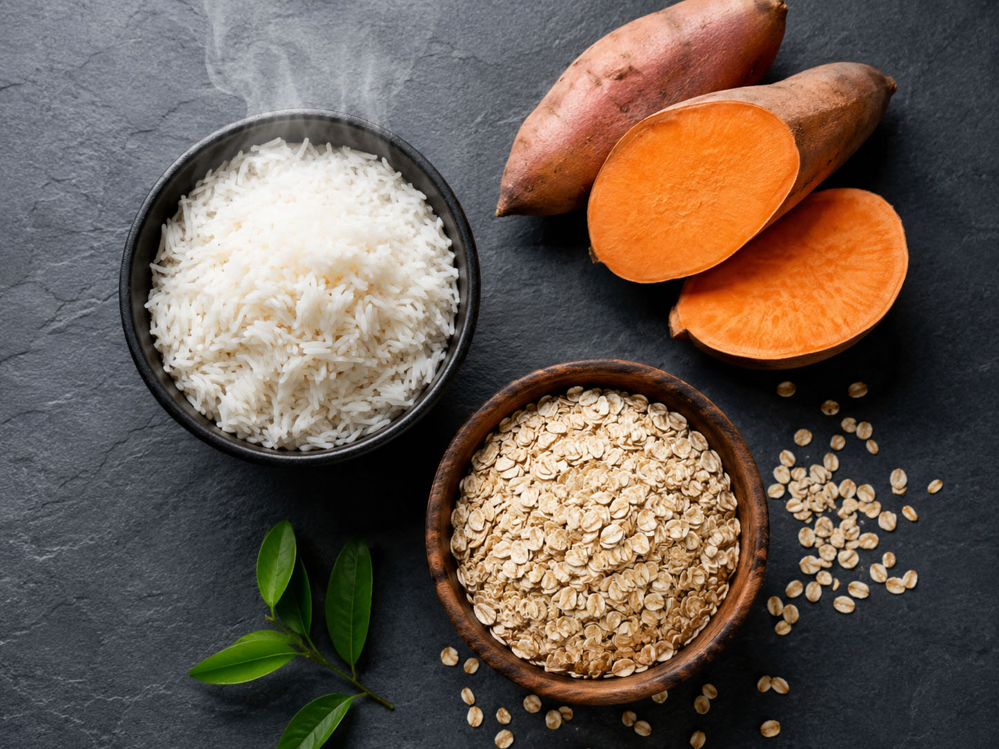 Sélection de glucides alternatifs de haute qualité : riz basmati, patates douces et flocons d'avoine certifiés sans gluten