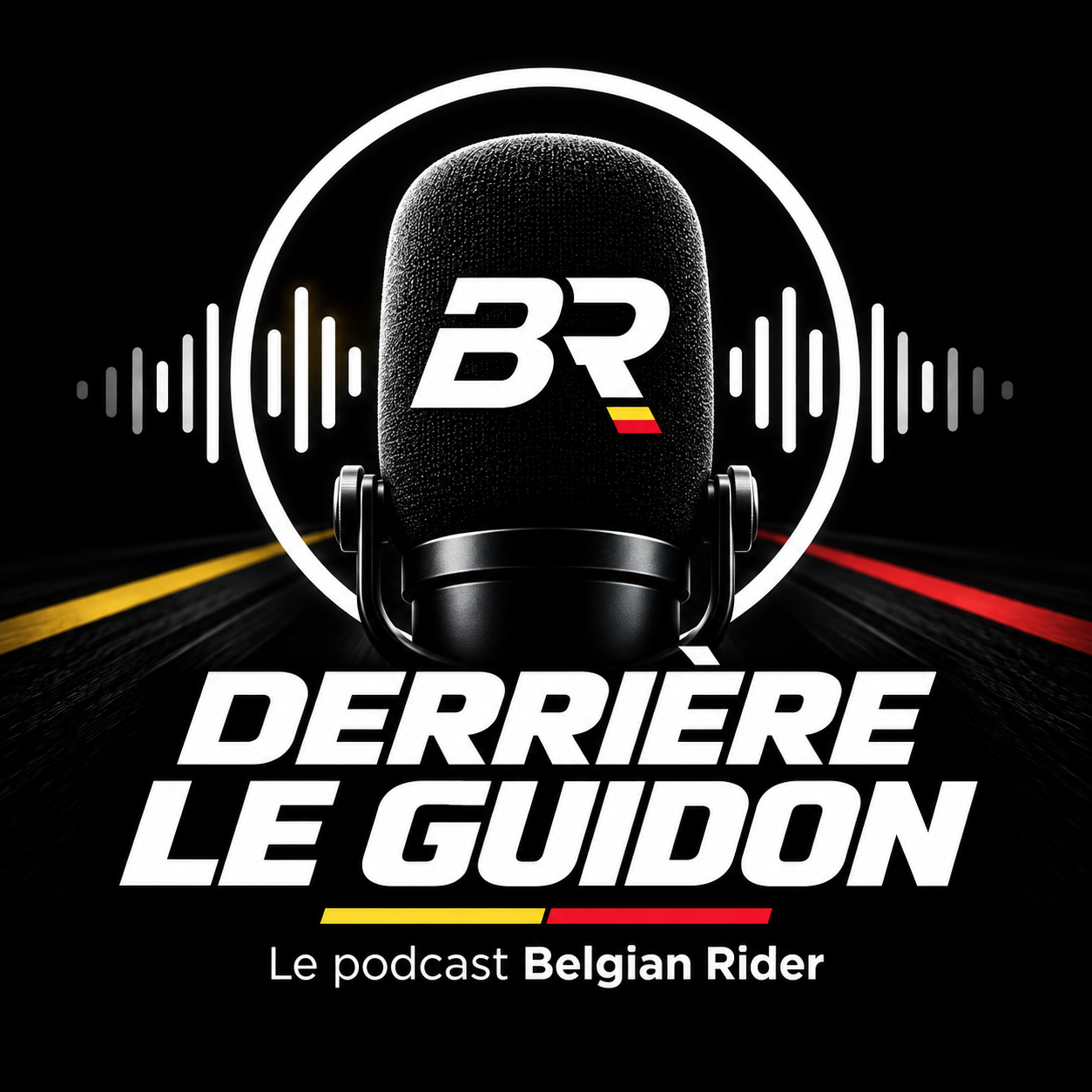 Derrière le guidon — Le podcast Belgian Rider, avec le logo BR sur un microphone
