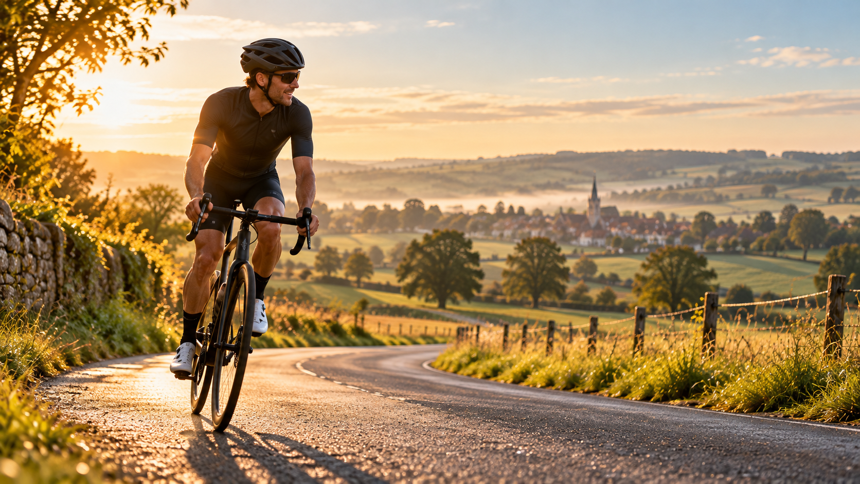 Cycliste reprenant progressivement la route au lever du soleil