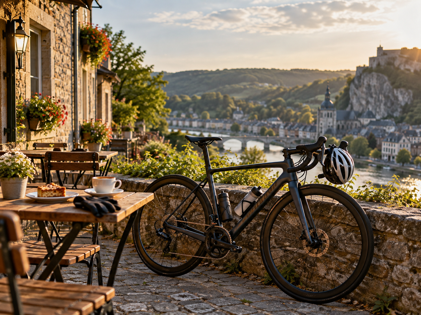 Vélo de route posé près d’un café après une sortie
