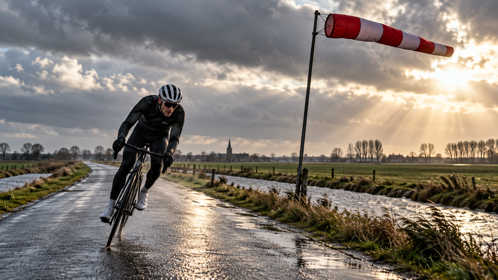 Cycliste affrontant un fort vent sur une route belge