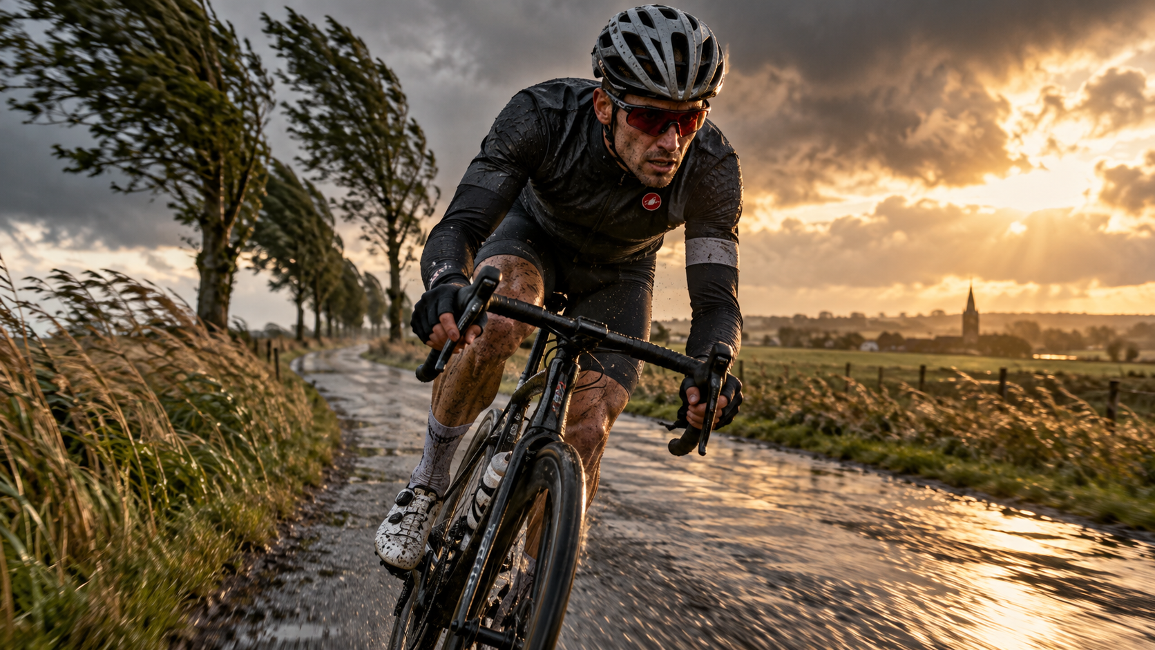 Cycliste Belgian Rider affrontant le vent sur une route belge