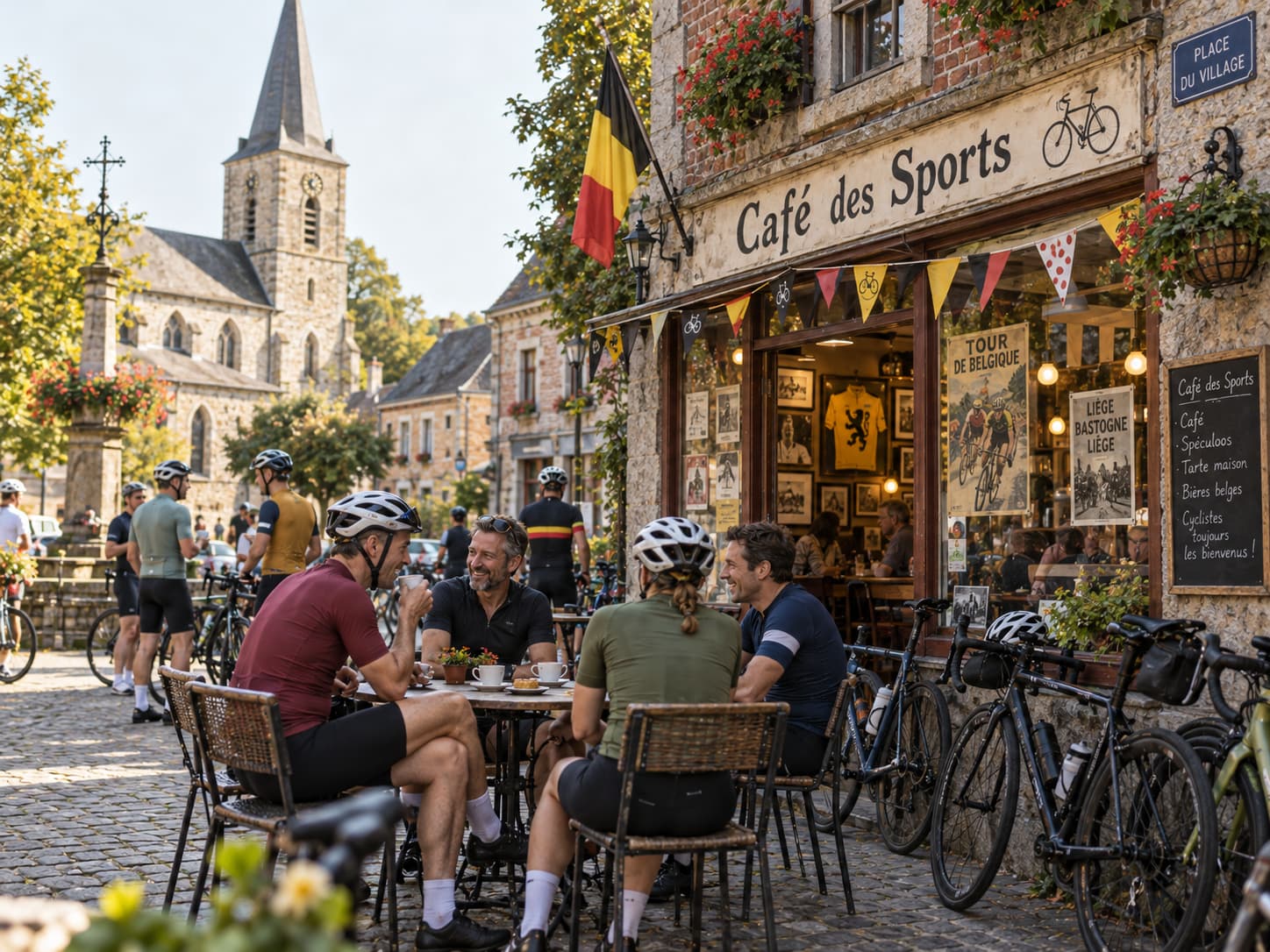 Illustration d'un Café des Sports dans un village belge, avec des cyclistes à la terrasse, des vélos et des drapeaux