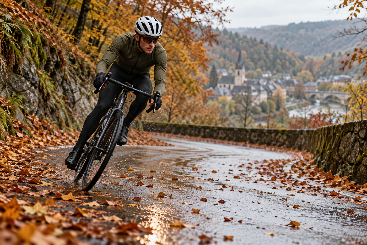 Cycliste dans un virage couvert de feuilles humides en automne