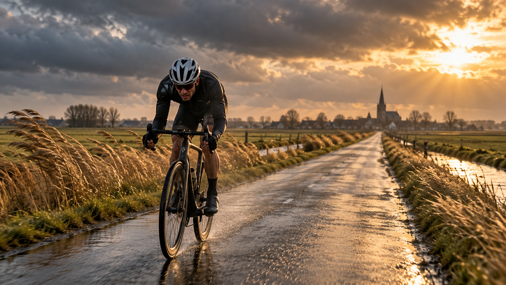 Cycliste Belgian Rider roulant dans des conditions venteuses
