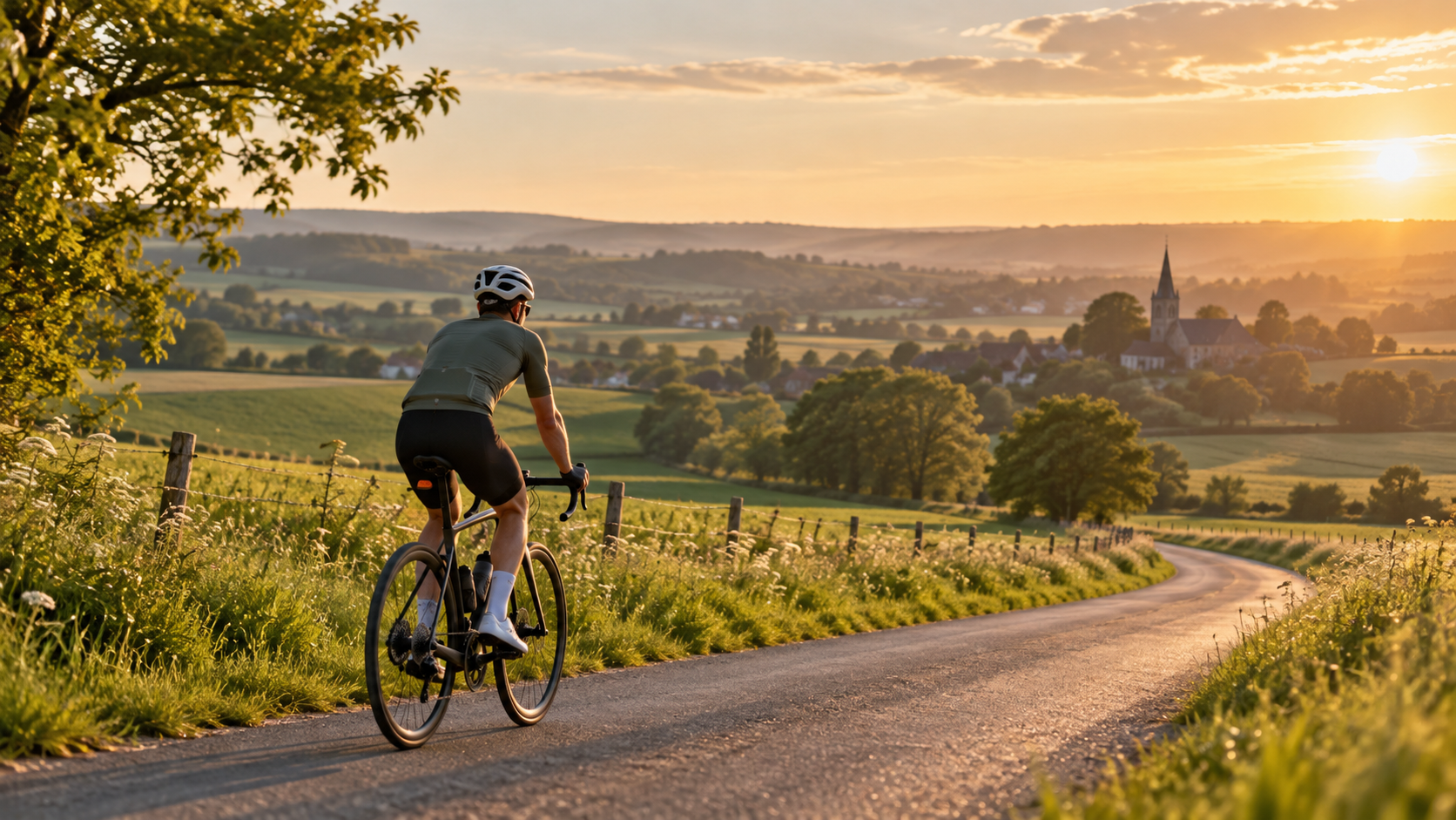 Cycliste roulant calmement sur une petite route dans la campagne belge