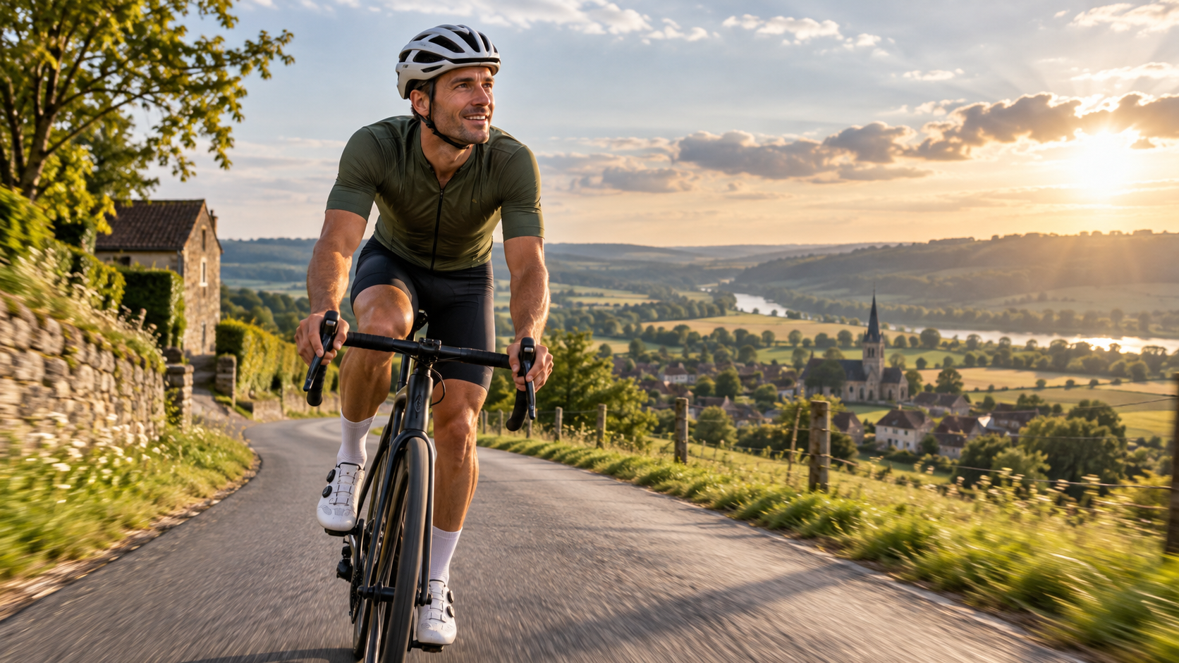 Cycliste heureux profitant de sa sortie dans une campagne belge ensoleillée