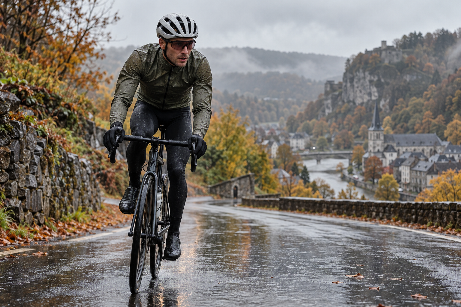 Cycliste roulant sous une pluie légère sur une route belge
