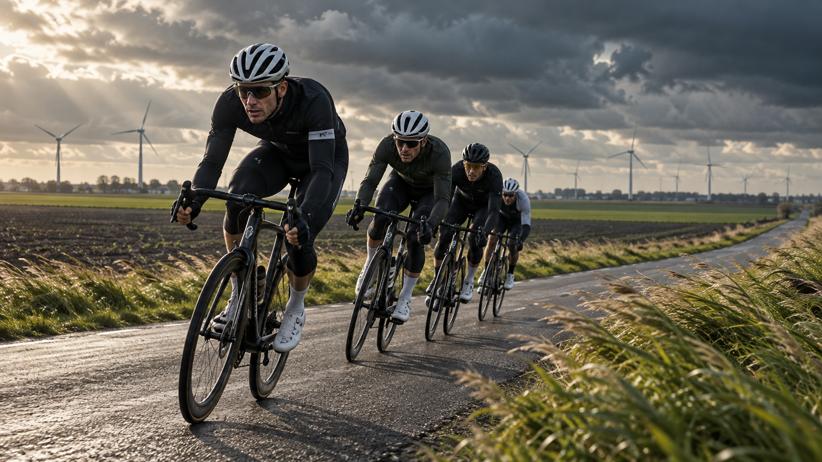 Groupe de cyclistes belge roulant dans le vent