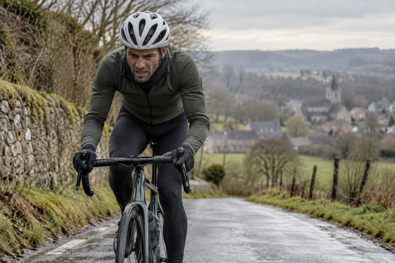 Cycliste seul en effort dans une montée