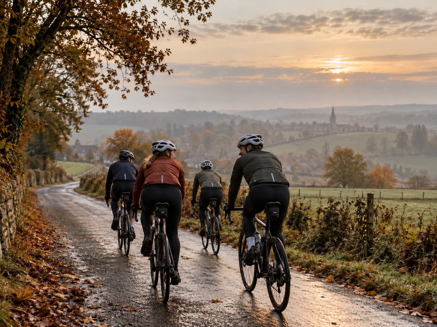 Petit groupe de quatre cyclistes roulant ensemble sur une route de campagne automnale