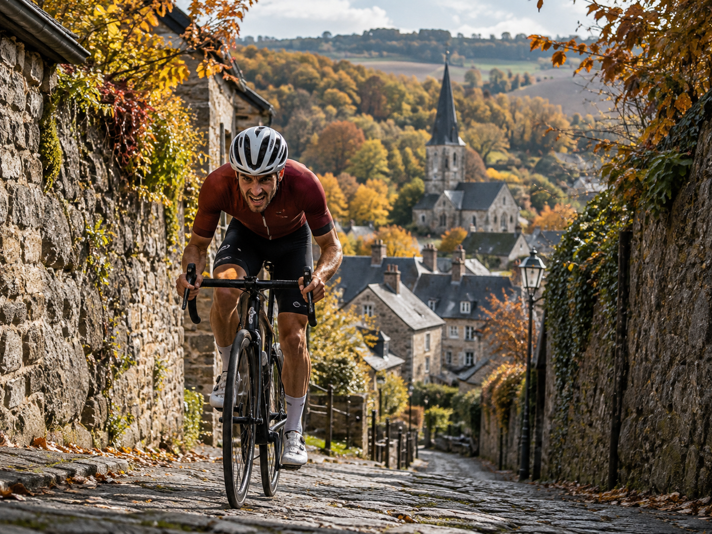 Cyclistes montant une forte côte pavée belge