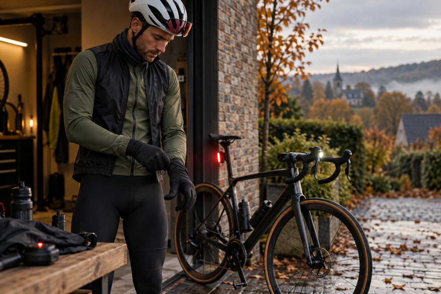 Cycliste préparant son équipement avant une sortie d'automne