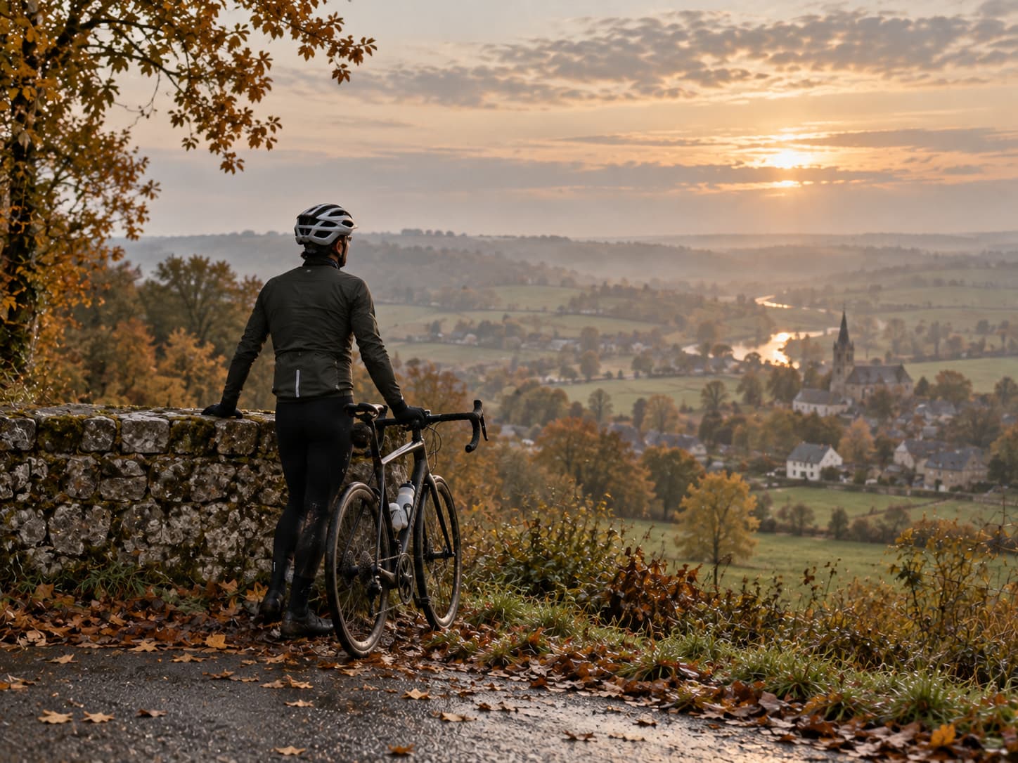 Cycliste arrêté à un point de vue avec son vélo, contemplant une vallée à l'automne
