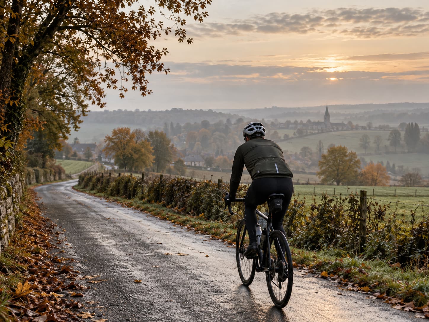 Cycliste roulant seul sur une route de campagne belge, entre brume et couleurs d'automne