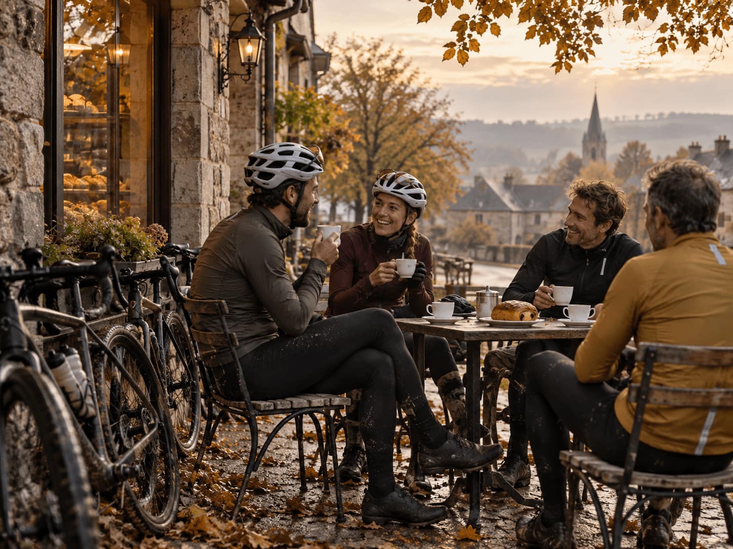 Quatre cyclistes autour de cafés à la terrasse d'un village après une sortie